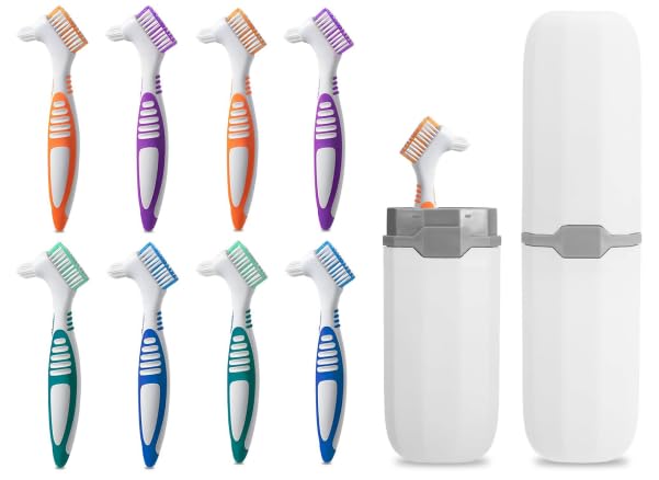 Juego de 8 cepillos para dentaduras postizas de doble cara, con cerdas duras multicapa y mango ergonómico antideslizante –cepillos de dientes para prótesis Limpiador de prótesis dentales en 4 colores