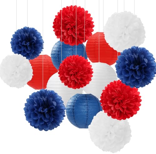 Image of Fourth-4th Of July Imemorial-Day Party-Decorations - 15pcs Red White Blue Paper-Flowers Lanterns,Patriotic Graduation Tissue Pom Poms Streamers,Independence Veterans Hanging Supplies Decor Hugfond