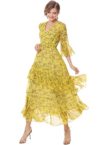 Xinuo Womens Dresses Yellow Floral Maxi Dress V Neck High Waist Chiffon Beach Summer Party Casual Long Dresses (Us 4-6=Cn S,Yellow) #TOP3
