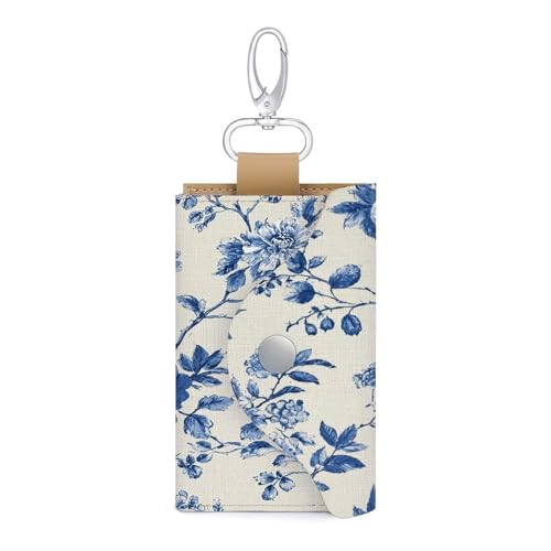 Blue And White Floral Motifs Key Holder Bag PU Leather ID Card Holder Keychains Case Cover for Men Women