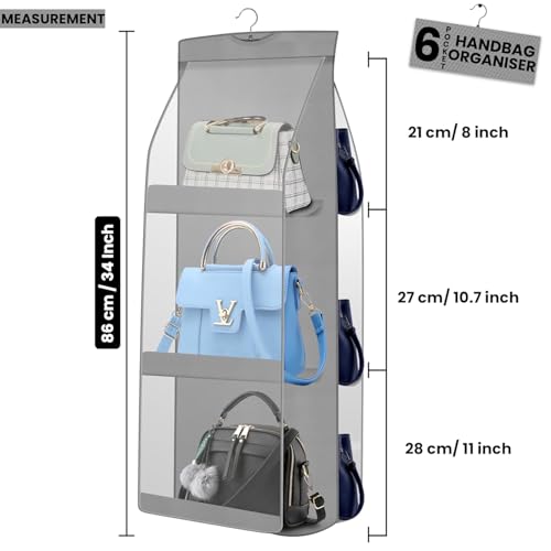 Image of Handbag Organizer, 6-Pocket Hanging Purse Holder, Clear PVC Windows for Quick Identification, Stainless Steel Swivel Hook, Grey, Large