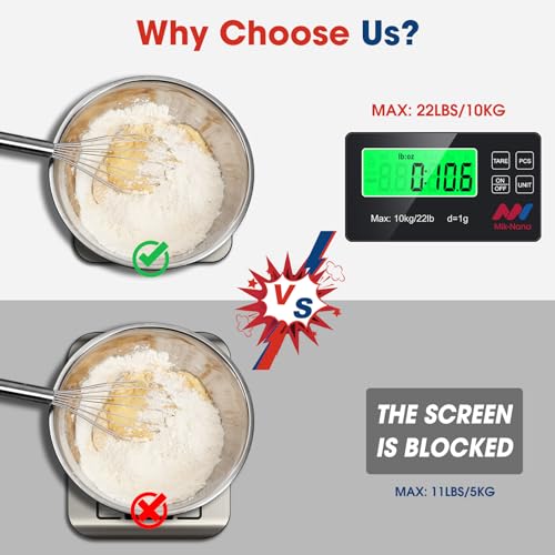 Mik-Nana Food Scale, 22lb Digital Kitchen Scale with 7 Units LCD Display & Tare Function, Stainless Steel Weight Grams and Ounces for Baking, Cooking and Meal Prep (Batteries Included)