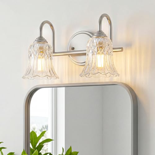 Image of Vintage Farmhouse Bathroom Vanity Light Fixture, 3-Light Chrome Wall Sconce Over Mirror with Tulip Flower Glass Shade, 14.6 Inch Bath Wall Lamp for Bathroom Bedroom Hallway