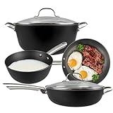 4-PIECE CLASSIC CAST IRON COOKWARE SET – [ 2.5QT Milk Pan: 14" L × 7.5" Dia × 3" H, Handle Length 7" ] [ 10" Frying Pan: 18" L × 10" Dia × 2" H, Handle Length 8" ] [ 10'' Shallow Braising Pan: 20.25" L × 10.5" Dia × 6" H × 2.5" Depth, Handle Length 8...
