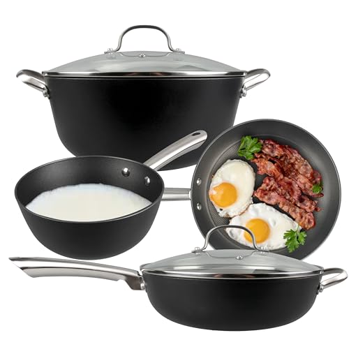 Image of Cuisiland 4-Piece Honeycomb Cast Iron Cookware Set - 2.5QT /7.5'' Milk Pot, 10 inch Frying Pan, 10 inch Shallow Braising Pan & 5.5QT /10.5'' Casserole Pot, Non-Stick, Oven Safe, Classic Heat Retention