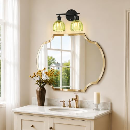 Image of Bathroom Light Fixtures, 2-Light Black Vanity Lights for Bathroom with Green Tulip Glass Shade, 12 inch Vintage Bathroom Vanity Lighting Fixtures Over Mirror for Bedroom Living Room Hallway