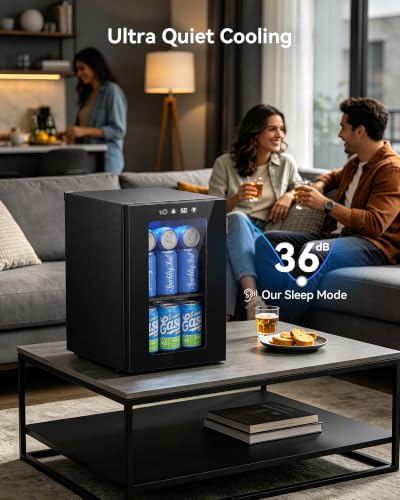 Image of 24 Can Beverage Refrigerator, Countertop Mini Fridge with Glass Door, Black | 40-61F, Compressor Cooling, Quiet Operation, 360 Air Circulation, Removable Shelf, Fits Bedroom, Office, Dorm, Home Bar