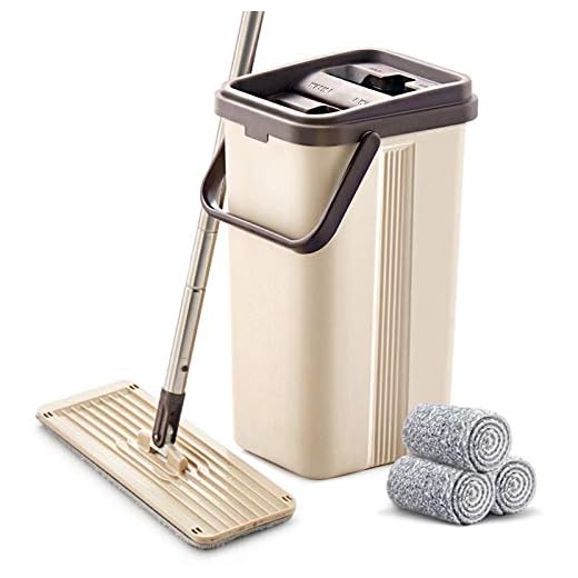 BOOMJOY Microfiber Flat Mop with Bucket, Cleaning Squeeze Hand Free Floor Mop, 3 Reusable Mop Pads, Stainless Steel Handle