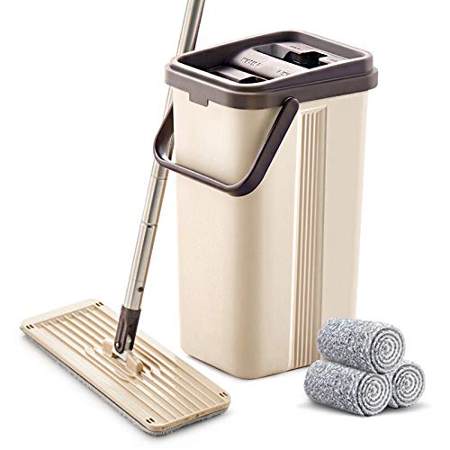 BOOMJOY Microfiber Flat Mop with Bucket, Cleaning Squeeze Hand Free Floor Mop, 3 Reusable Mop Pads, Stainless Steel Handle