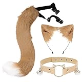 Gorbgle Cat Fox Wolf Ears, 3Pcs Furry Fox Ears and Tail, Collar Costume Set for Women, Faux Fur Animals Ears Headband for Halloween Party Cosplay Costumes Accessories, Khaki
