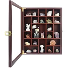 FramePro Rock Display Case - Adjustable Mineral Collection Box with Glass Lid, Wooden Cabinet for Rock, Fossil, Crystal, Seashell Collections - Geology Gift for Adults/Kids 16" x 13.5", Brown