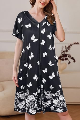 Image of Ekouaer Women Robe Zipper Front Mumu Duster Robes Zip Up Housecoat Soft Sleepwear with Pockets