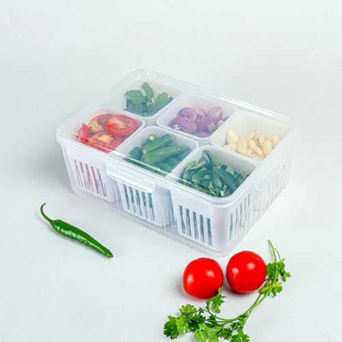 Image of KHEDU FAB 1 Pc's Refrigerator Storage Containers with 6 Drain Basket Fridge Storage Containers Organizer for Kitchen Fridge Storage Boxes Keep Fresh Chopped Green Ginger Garlic and Vegetables.