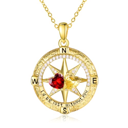 Compass Birthstones Necklace for Women, Exquisite Anniversary Birthday Gifts for Wife Sterling Silver Compass Necklace Double Birthstone Pendant jewelry ‘I'd be Lost Without You’