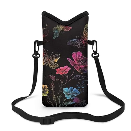 Image of Women Men Small Crossbody Phone Bag Cellphone Pouch with Adjustable Shoulder Strap Neoprene Waterproof Mini Satchel Pouch for Travel, Walking, Beach, Floral Butterfly Black