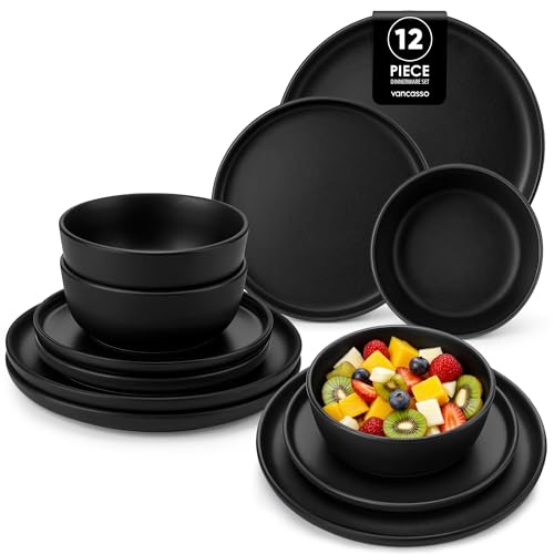 vancasso Black Dinner Set for 4, 12 Piece Elegant Crockery Sets with Matte Glaze, Modern Style Playa Plates and Bowls Set, Dishwasher & Microwave Safe