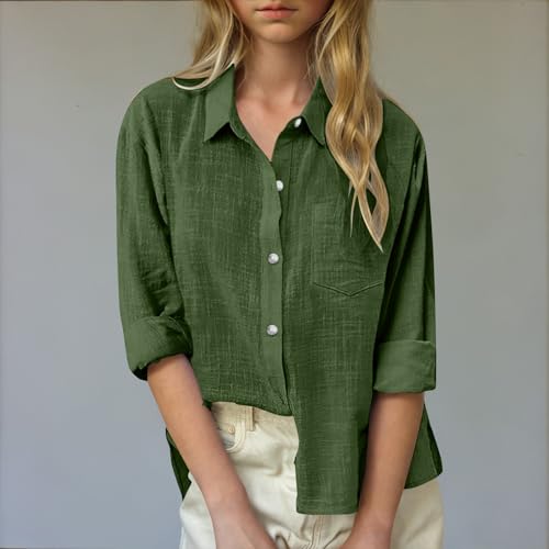 Girls Button Down Shirts Long Roll Up Cuffed Sleeve Collared Blouses Casual Cotton Linen Summer Tops with Pockets2
