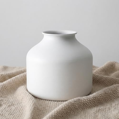 Image of Goaste Metal Matte Flower Vase, White Vase for Flowers, 6.3 Inch Tall Iron Frosted Floral Arranging Vases, Nordic Style Round Boho Vases for Modern Minimalist Home Decor, Wedding, Bookshelf