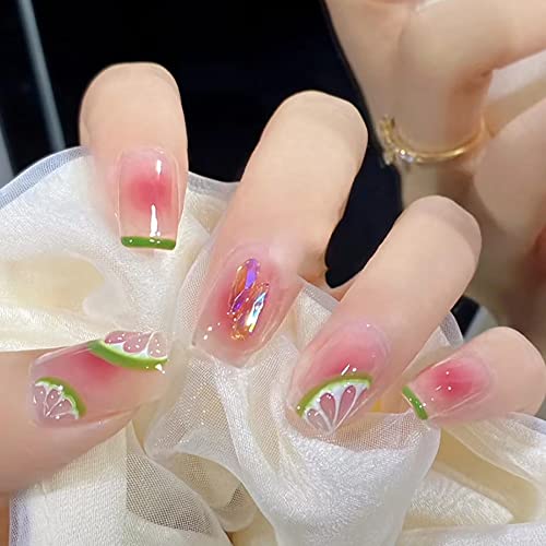 Press on Nails Medium, Fake Nails Almond Glue on Nails, False Nails with Glue, Acrylic Nails for Women and Girls (Green lemon)