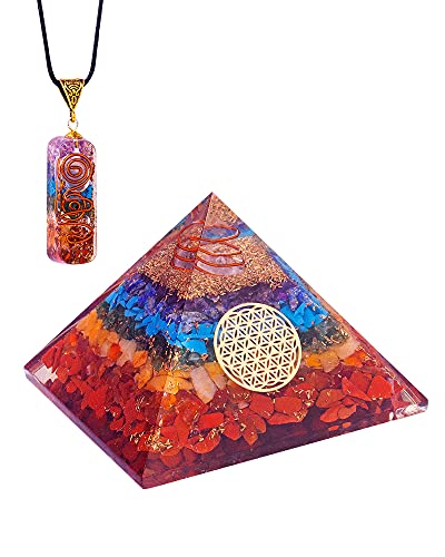 Life Resonance - 7 Chakra Orgone Crystal Pyramid Plus Orgone Pendant - Chakra Balancing - Meditation - Yoga - Reiki