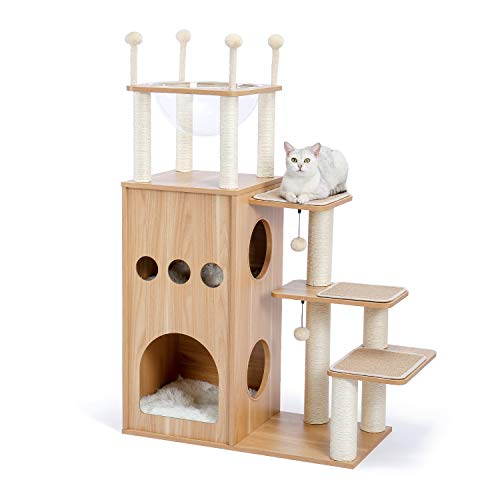[Amazonブランド] Umi.(ウミ) 木製キャットタワー 木目調猫タワー 宇宙船ハンモック付き 猫ハウス二つ 多頭飼い 運動不足解消 頑丈耐久 お手入れ簡単 中敷クッション付き ベージュ
