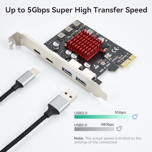Image of ELUTENG PCI Express PCIE Card (PCIE to USB) 2 Port USB 3.1 Gen2 10Gbs Superspeed PCIE Expansion Card with Efficient Heat Dissipation Support Type A + Type C Ports for Windows XP /7 /8 /8.1 /10 | Superspeed PCI Express Expansion Card USB Card for Desktop PC Support Windows 11 /10 /8 /7 /XP /Vista