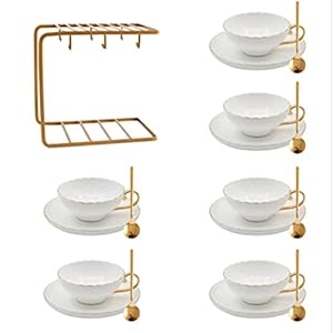 Tea Cup Set Porcelain Tea Cup Sets Simple Cups and Saucer Coffee Cup with Spoon Cup Rack for Tea Coffee Latte Cappuccino(Gold 6 pcs) (Gold 6 pcs)
