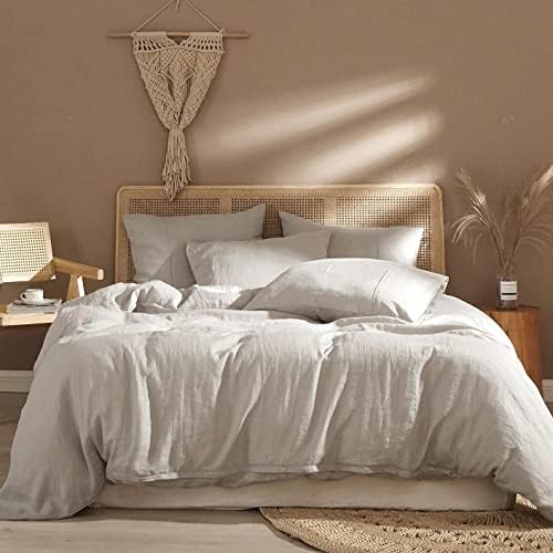 Ivellow Linen Duvet Cover King Size 100% Washed French Flax Pure Linen King Duvet Cover Set Soft Breathable Durable Cooling Comforter Cover Natural Linen Bedding Set 3 Pcs-1 Duvet Cover 2 Pillowcases