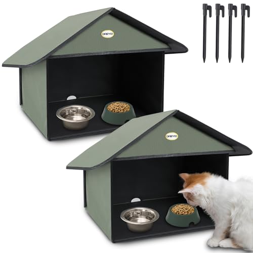 Dreyoo 2 Pack Outdoor Cat Feeding Station for Food & Water, Weatherproof Outdoor Kitty Dining Room Cat Shelter for Stray, Feral Cats and Community Cats, 13”d x 17”w x 15.5'h (Dark Green)