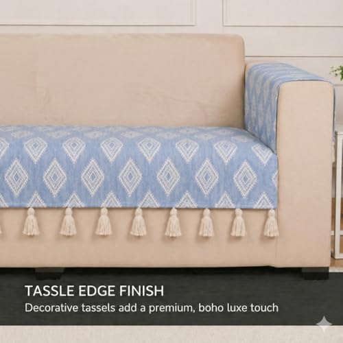Image of STITCHNEST 'Verdant Rekhika Stories' 1 Seater Sofa Cover| Elegant Jacquard Fabric, Decorative Tassels, Washable & Durable for Modern Living