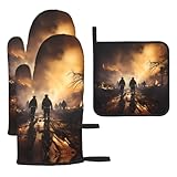 Trukd Guantes de horno para bomberos, 2 guantes y 1 soporte para ollas, cocina, microondas, barbacoa, resistencia al calor