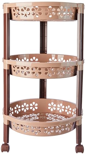 Nayasa Candy Round Trolley 3 Layers | Kitchen Organizer | Stand for Kitchen | Shelf Organizer | Vegetable Basket for Onion, Potato | Vegetable Trolley with Wheel | 33.5 X 33.5 X 58 cm | Beige