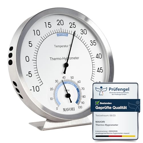 MAVORI® 2in1 Thermometer & Hygrometer aus Edelstahl | Analog Hygrometer & Thermometer | Luftfeuchtigkeitsmesser & Raumthermometer innen für Ihr gesundes Raumklima | Ø 12,5cm