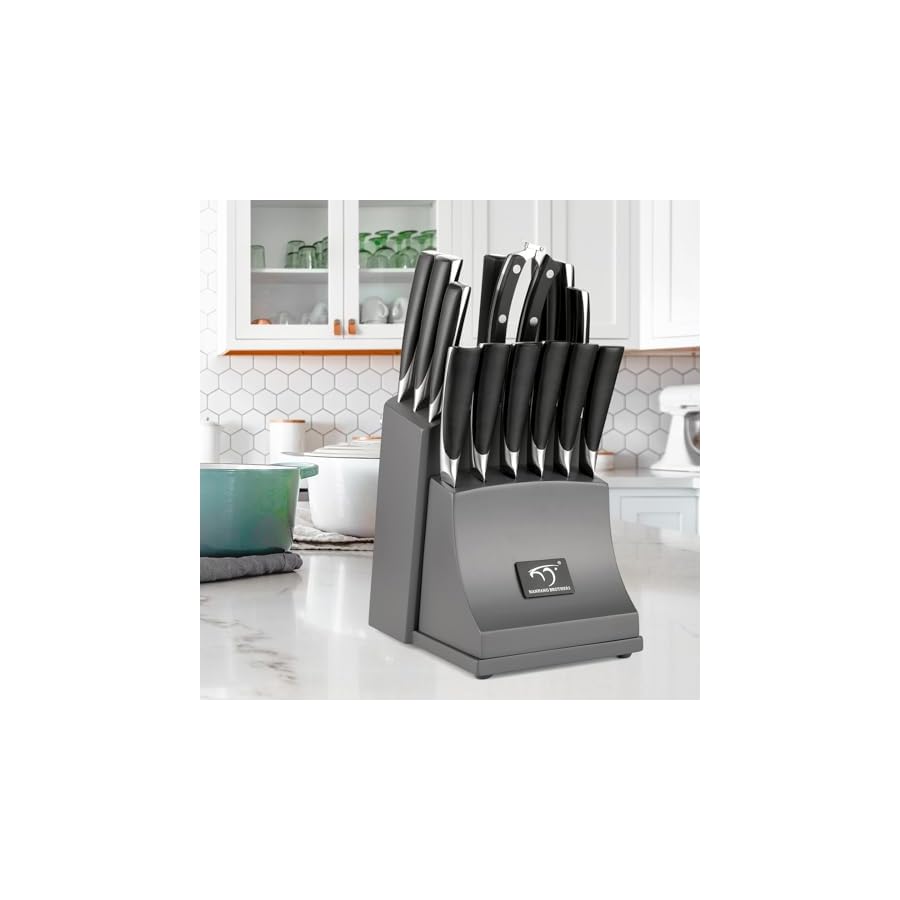 NF NANFANG BROTHERS Knife Set, 15-Piece Damascus Kitchen Knife Set with Block, ABS Ergonomic Handle for Chef Knife Set, Carving Fork, Disconnect-type Knife Block Set (Grey)