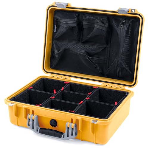 ColorCase Pelican 1500 Case Yellow - Medium Size Waterproof Case with TrekPak Divider & Mesh Lid Organizer - Silver Handles & Latches