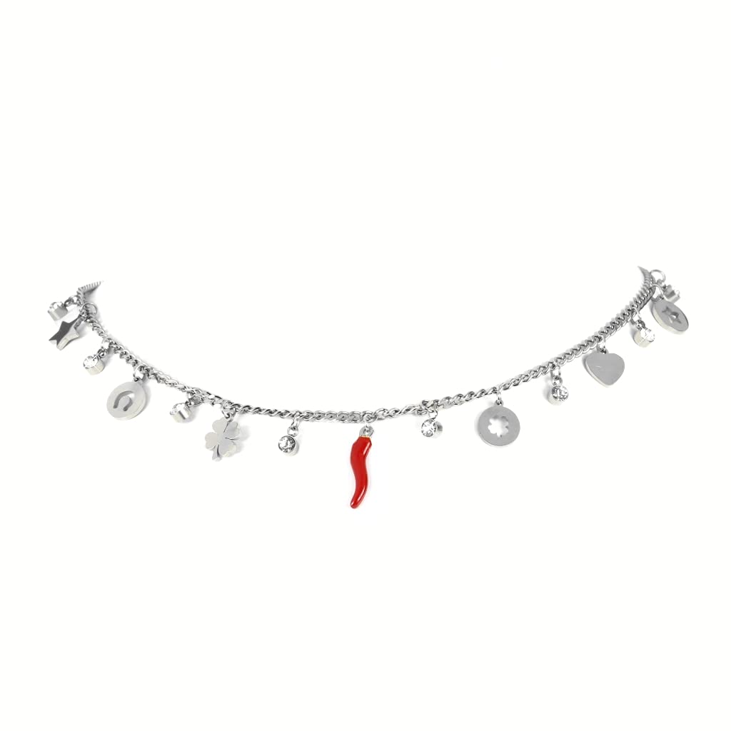 Flowers Collana in Acciaio color Oro o Argento Portafortuna con Ciondolo Corno Rosso, Stelline Cuore e zirconcini Punti luce
