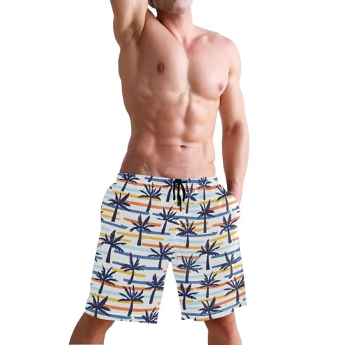 Quick Dry Coconut Tree Stripes Men's Swimming Shorts Swim Trunks with Mesh Lining Beach Wear - S4
