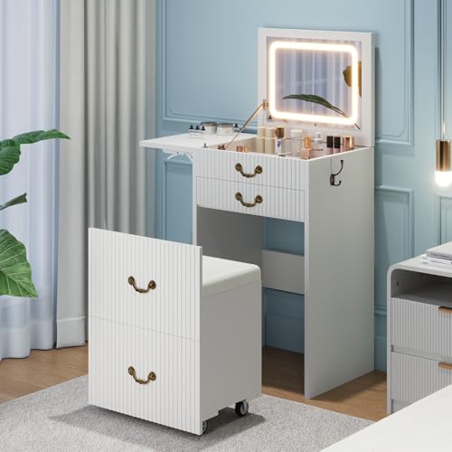 Image of FURSUN 3-in-1 Vanity with Flip Mirror & Lights, Fluted Compact Vanity Table with 3 Drawers, Storage Compartment and Rolling Stool, Modern Small Makeup Vanity for Bedroom, Powder Room, Solid White