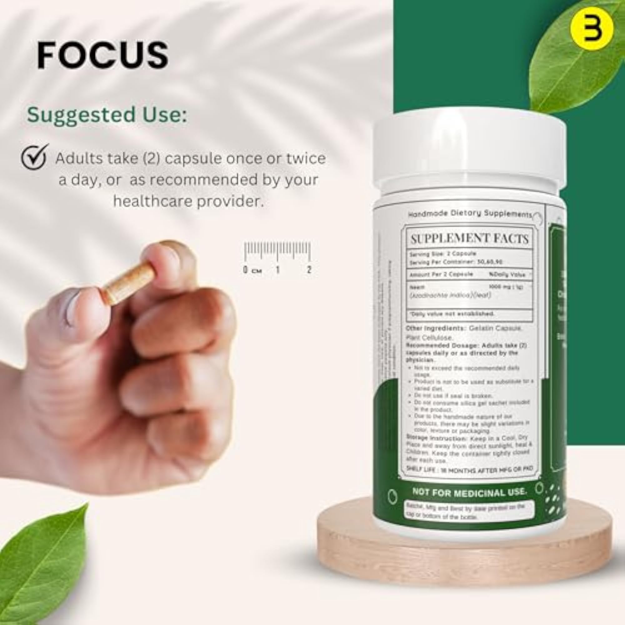 Neem Leaf Capsules, 1000mg for Natural Health