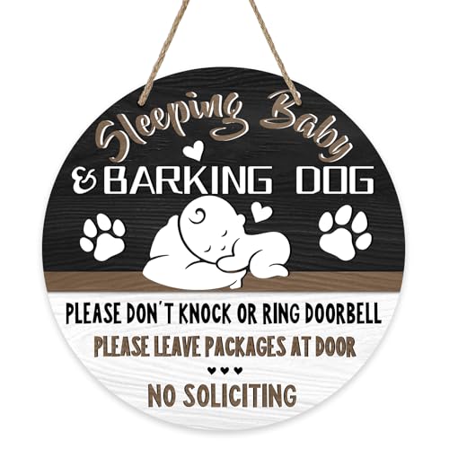 Bolisom Sleeping Baby Front Door Sign Barking Dog Please Dont Knock No Soliciting Wood Door Hanger Porch Nursery Decor Wooden Wreath Indoor Wall Hanging Kids Infant Bedroom Decoration