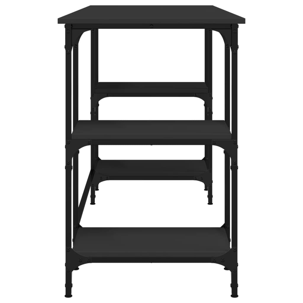 Escritorio negro 140 x 50 x 75 cm de metal y madera con patas ajustables, amplia superficie de trabajo, estantes flexibles para PC, portátil, oficina y oficina en casa