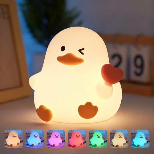 Wrischan Luz Nocturna Pato Infantil,Luz Bebe Nocturna Recargable con 3 Modos Brillo y 7 Colores,Kawaii Lampara Bebe Noche con 30Mins Temporizador,Regalo de cumpleaños y Navidad para los Niños Bebés