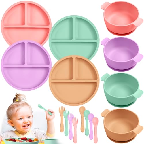 Image of Domensi 12 Pcs Silicone Baby Feeding Set, 4 Pcs Silicone Divided Suction Plate and 4 Pcs Baby Bowls with Suction with 4 Sets Spoons Forks for Baby Led Weaning Supplies Self Feeding (Cute Color)