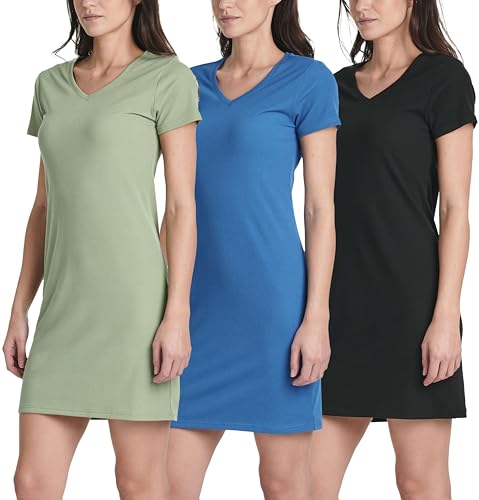 Image of Real Essentials 3 Pack: Women's Ribbed Knit Short-Sleeve V-Neck Swing T-Shirt Casual Dress (Available in Plus)
