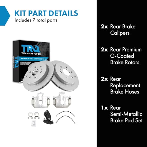 Image of TRQ Rear Brake Pad and Rotor Set Semi Metallic Coated Rotors Calipers Hoses Compatible with 2008-2016 Buick Enclave 2009-2017 Chevrolet Traverse 2007-2016 GMC Acadia 2007-2010 Saturn Outlook