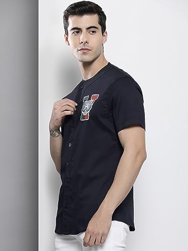 Image of The Indian Garage Co Men Regular Fit Placement Print Half Sleeves Baseball Collar Casual Shirt