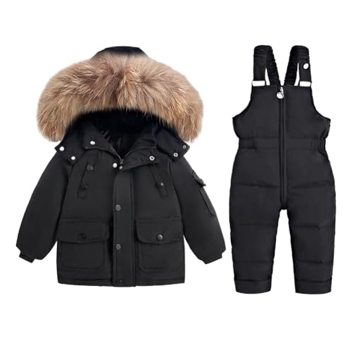 Valcatch Toddlers Boys Girls Snowsuit Hooded Faux Fur Down Jacket Puffer Overall Trousers Sets Kids Baby Solid Winter Warm Coat Bib Pants Dungarees Cold Weather Outfits Ski Suit Age for 1-5 Years