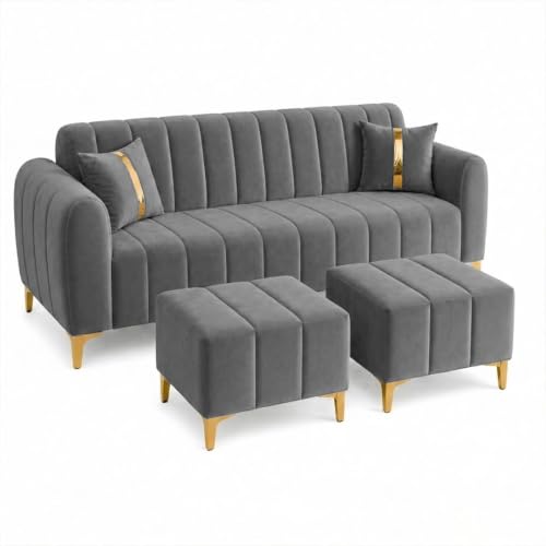 Image of FURNY Harmony 5 Seater L Shape Sofa Set with 2 Movable Ottoman & Golden Legs | Flexible Left or Right Layout | Plush Velvet Fabric (Dark Grey) | Perfect for Living Room, Guest Room, Office