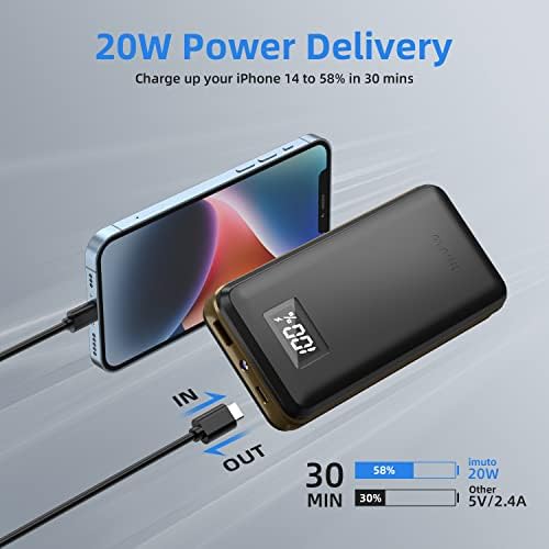 imuto Power Bank, 22.5W Fast Charging 20000mAh Portable Charger [PD3.0 QC4.0] 3A USB C (In & Out) with Digital Display & LED flashlight Battery Pack for iPhone 14/13/12/11/X Samsung S21 Huawei-Black