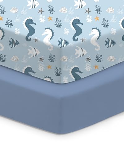 TotChill Baby Crib Sheets Boy Girl for Standard Crib Mattress - Navy Seahorse Design, Soft and Stretchy, Snug and Cozy, Fits 28''x52''x9'' Extra Deep Pocket